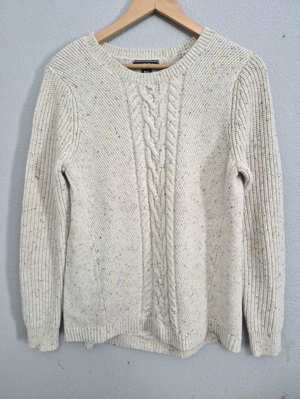 Lands End Cable Knit Multicolor Confetti Speckle Cream Sweater Women MT Cozy